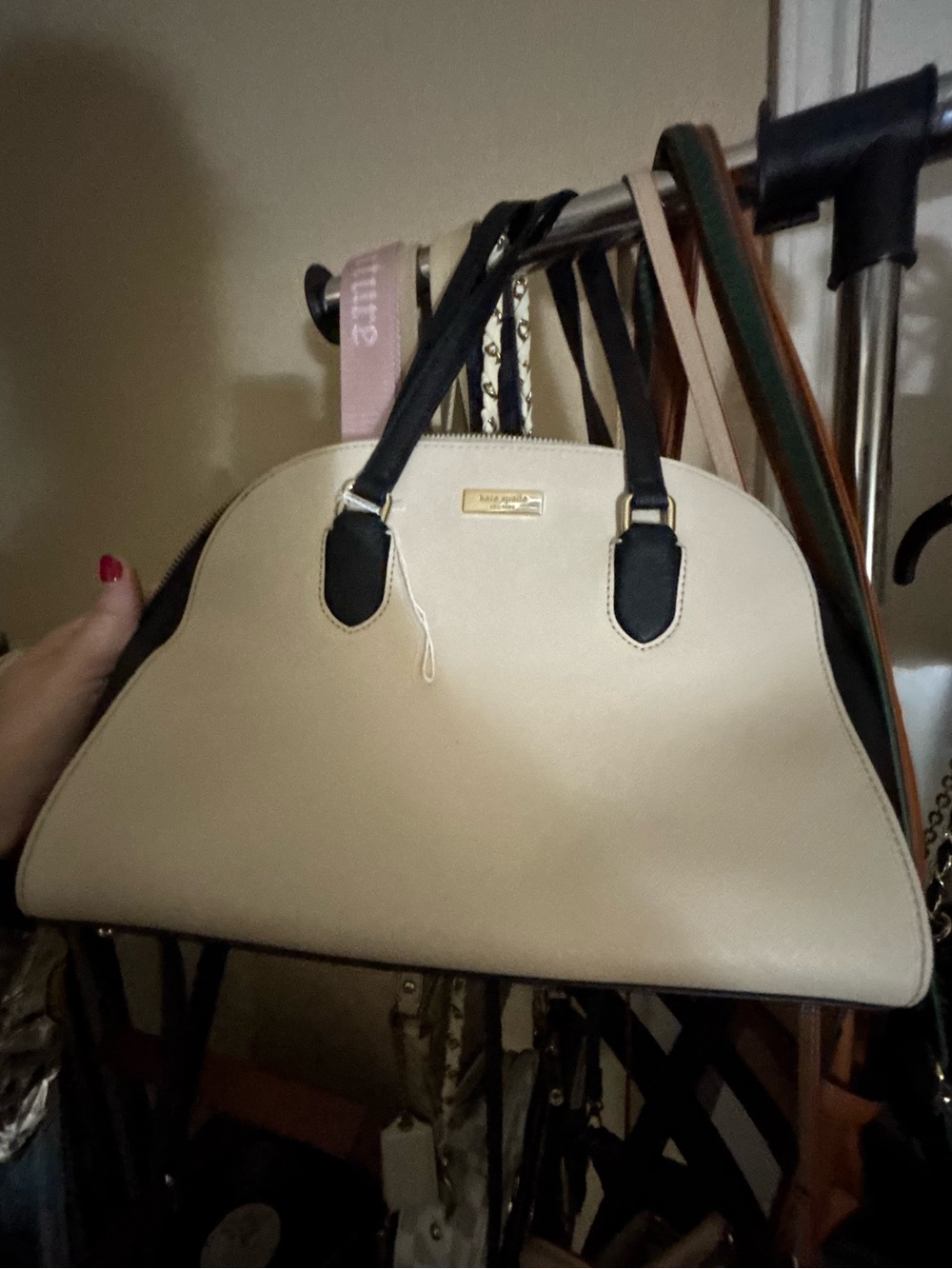 kate spade Cream Satchel with Black Handles and Gold Plaque
